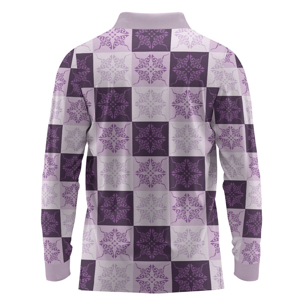 Lavender Manta Ray Hawaiian Quilt Motif Long Sleeve Polo Shirt LT05 - Polynesian Pride