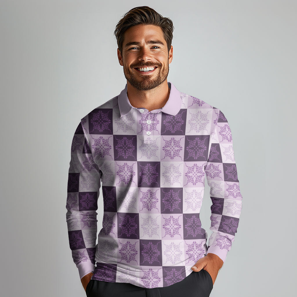 Lavender Manta Ray Hawaiian Quilt Motif Long Sleeve Polo Shirt LT05 - Polynesian Pride