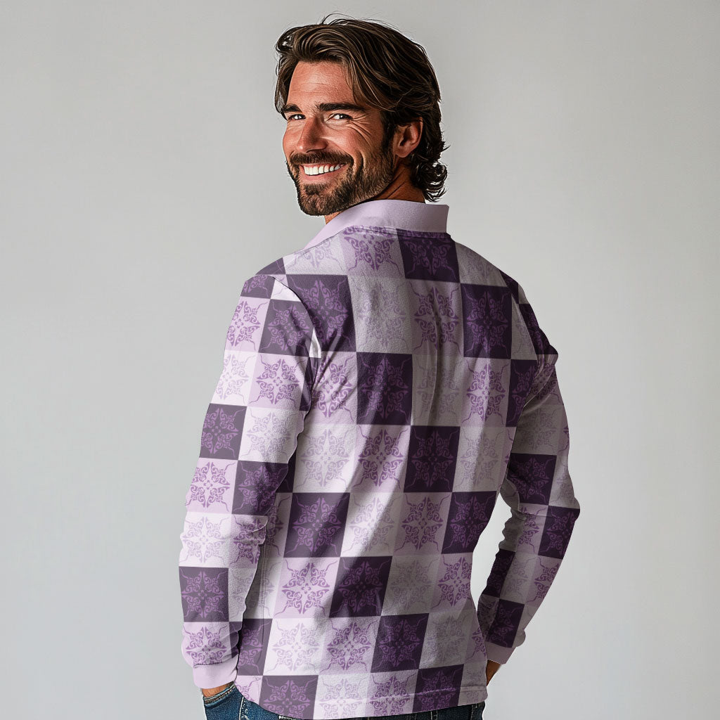 Lavender Manta Ray Hawaiian Quilt Motif Long Sleeve Polo Shirt LT05 - Polynesian Pride