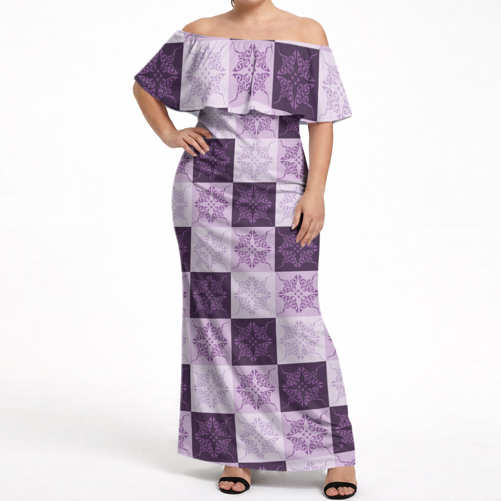 Lavender Manta Ray Hawaiian Quilt Motif Off Shoulder Maxi Dress LT05 Women Purple - Polynesian Pride