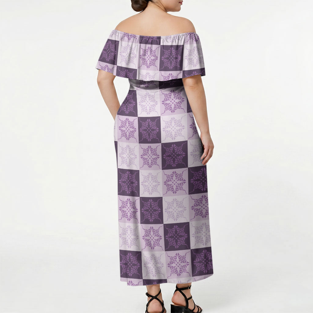 Lavender Manta Ray Hawaiian Quilt Motif Off Shoulder Maxi Dress LT05 - Polynesian Pride