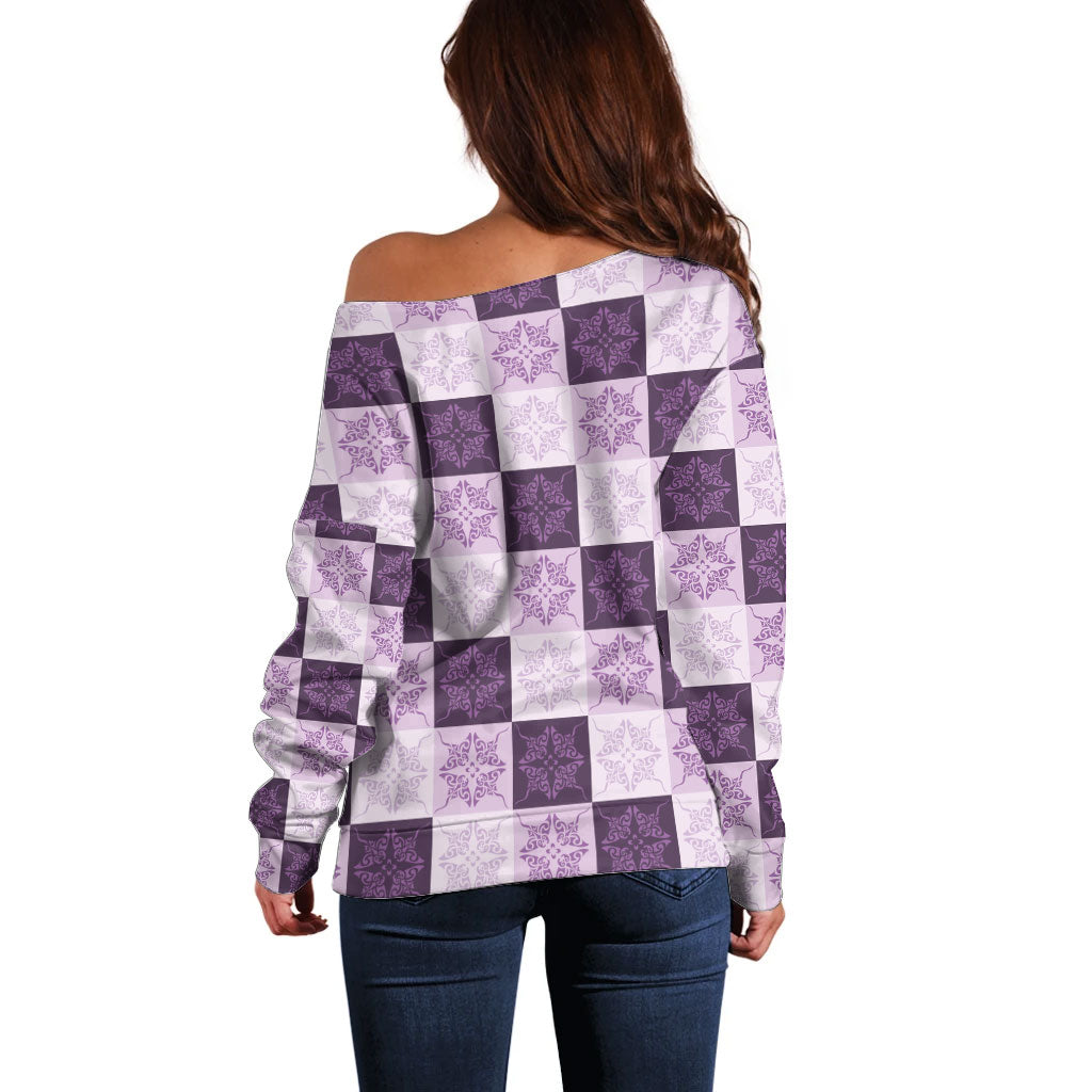 Lavender Manta Ray Hawaiian Quilt Motif Off Shoulder Sweater LT05 - Polynesian Pride