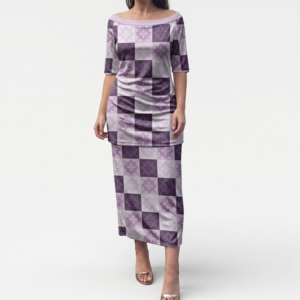 Lavender Manta Ray Hawaiian Quilt Motif Puletasi LT05 Long Dress Purple - Polynesian Pride