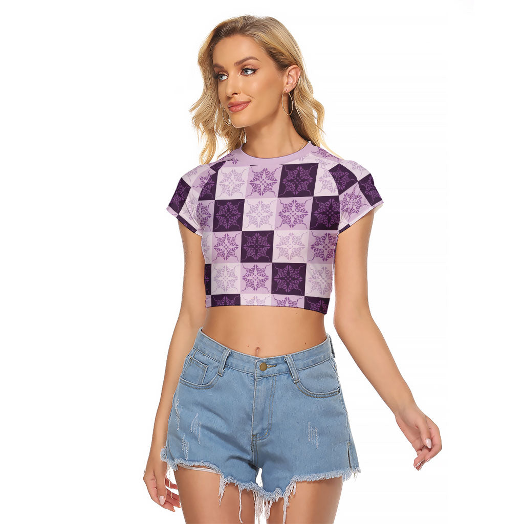 Lavender Manta Ray Hawaiian Quilt Motif Raglan Cropped T Shirt LT05 Female Purple - Polynesian Pride