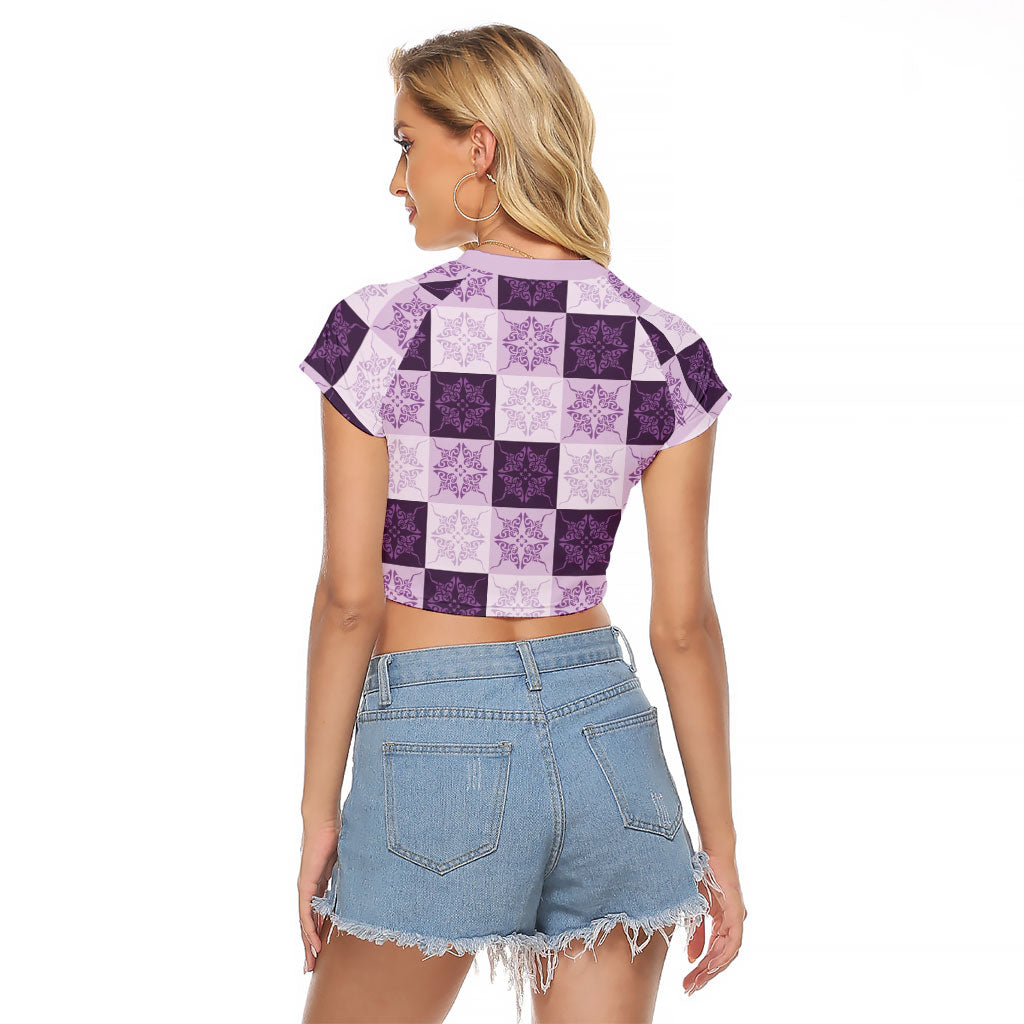 Lavender Manta Ray Hawaiian Quilt Motif Raglan Cropped T Shirt LT05 - Polynesian Pride