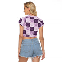 Lavender Manta Ray Hawaiian Quilt Motif Raglan Cropped T Shirt LT05 - Polynesian Pride