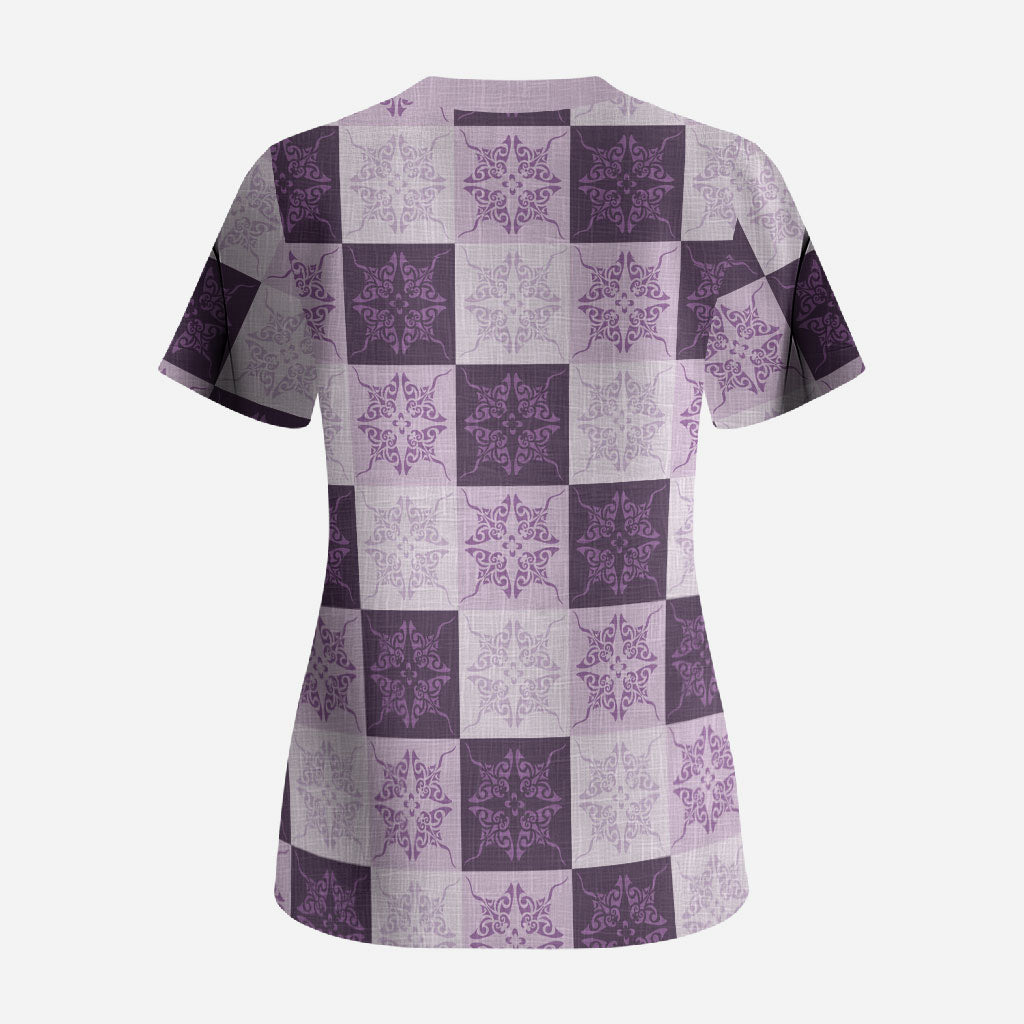Lavender Manta Ray Hawaiian Quilt Motif Scrub Top LT05 - Polynesian Pride