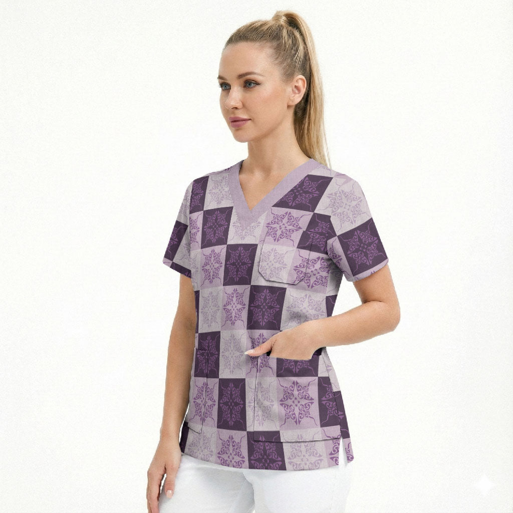 Lavender Manta Ray Hawaiian Quilt Motif Scrub Top LT05 - Polynesian Pride