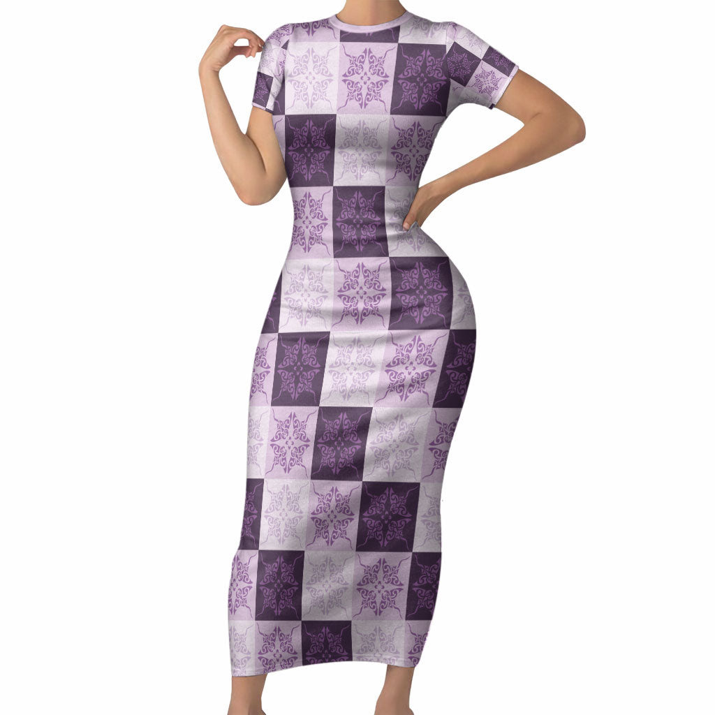 Lavender Manta Ray Hawaiian Quilt Motif Short Sleeve Bodycon Dress LT05 Long Dress Purple - Polynesian Pride