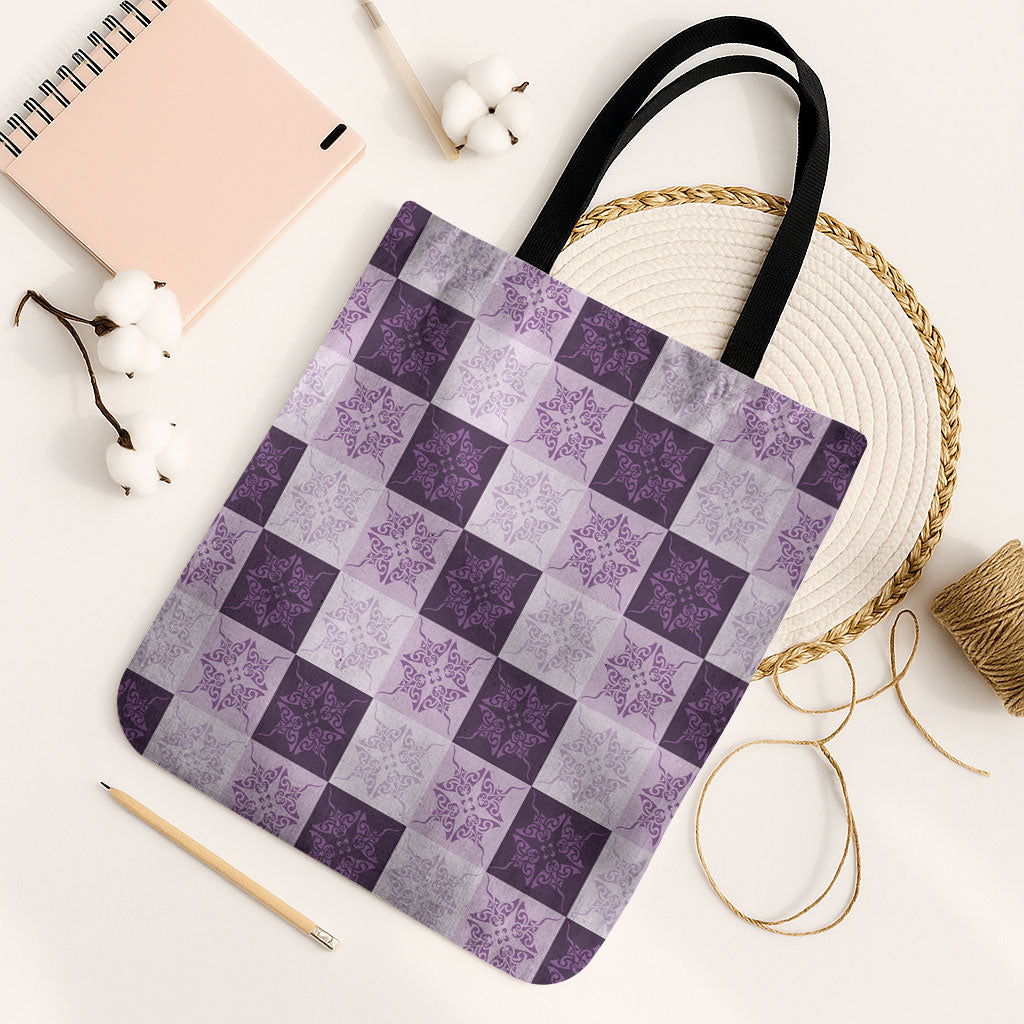 Lavender Manta Ray Hawaiian Quilt Motif Tote Bag LT05 Black Strap One Size Purple - Polynesian Pride