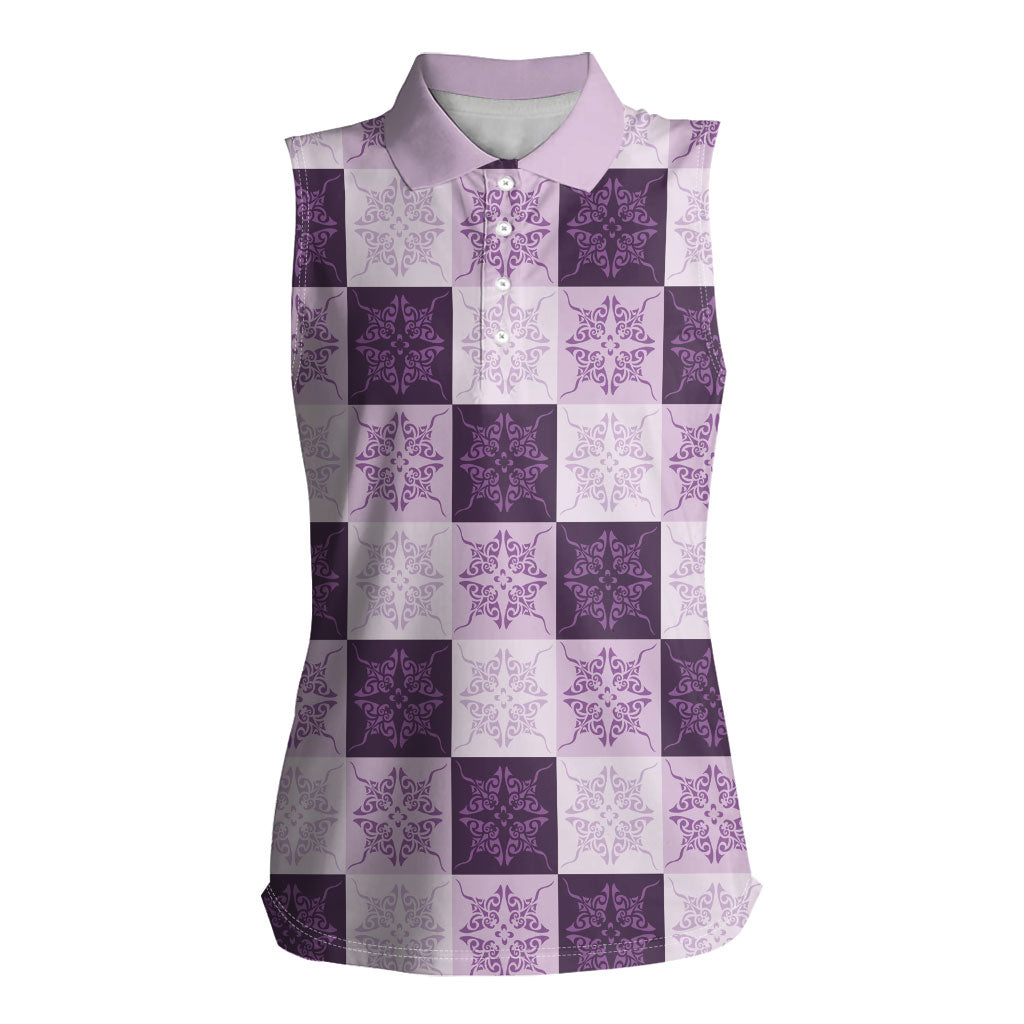 Lavender Manta Ray Hawaiian Quilt Motif Women Sleeveless Polo Shirt LT05 Female Purple - Polynesian Pride
