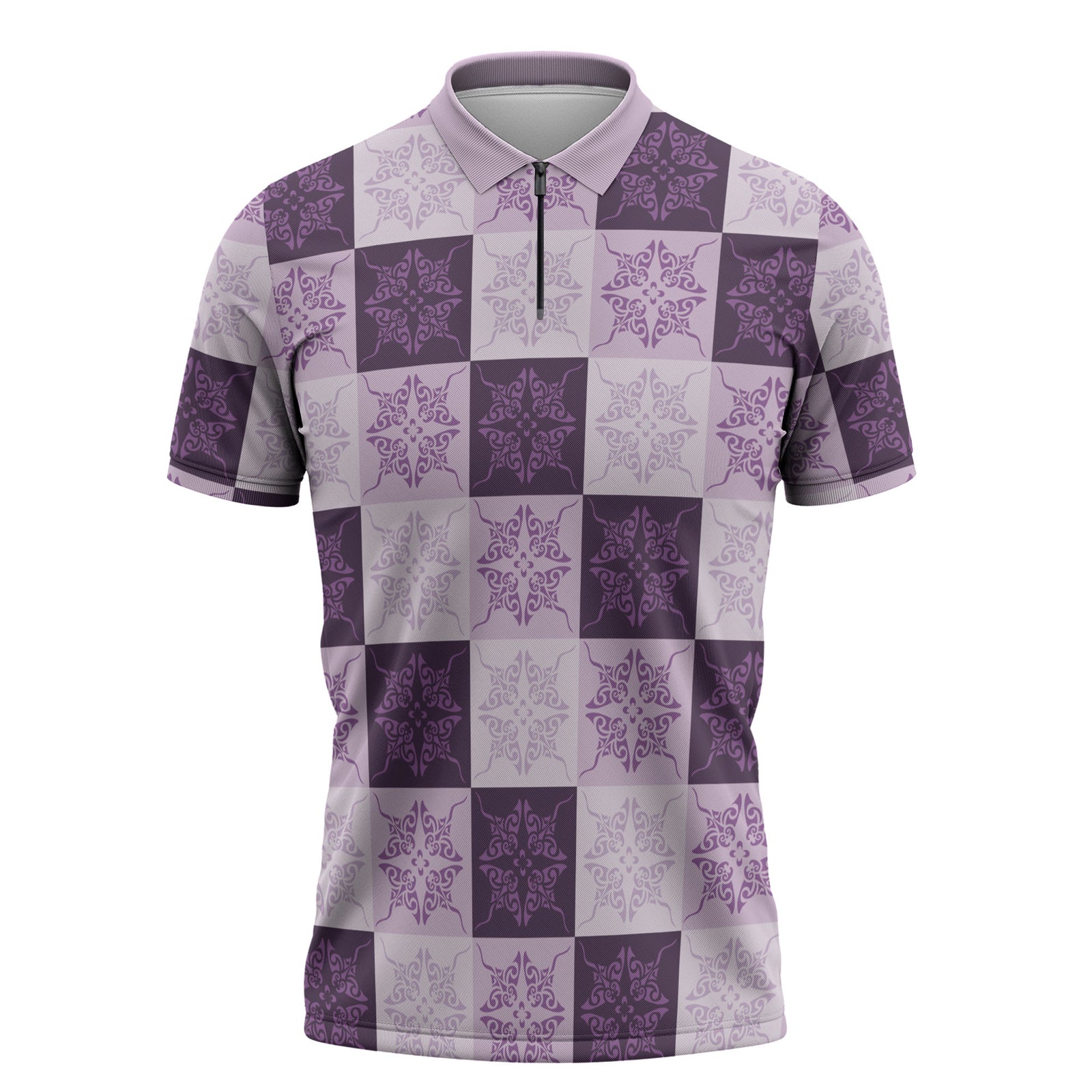 Lavender Manta Ray Hawaiian Quilt Motif Zipper Polo Shirt LT05 Purple - Polynesian Pride