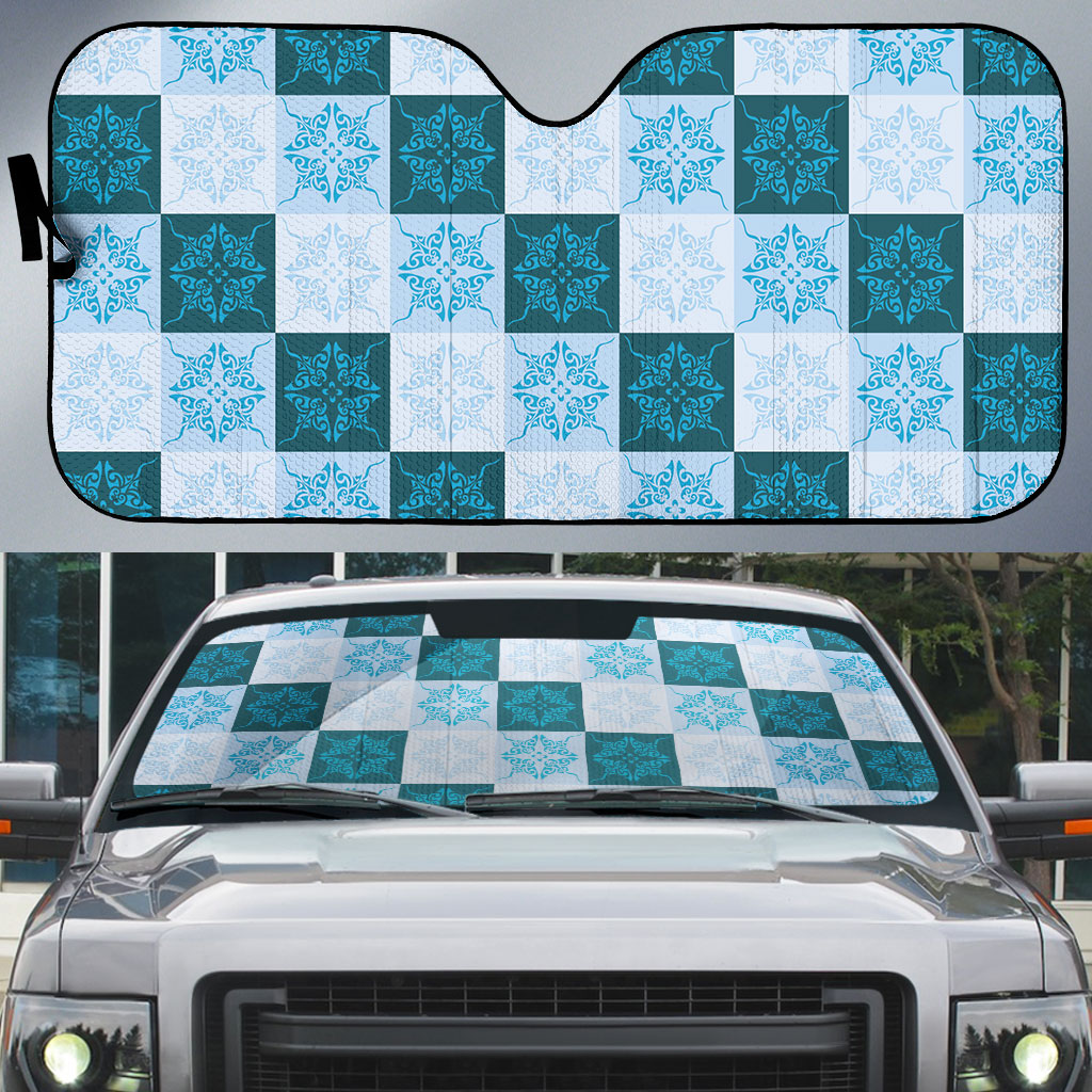 Cyan Manta Ray Hawaiian Quilt Motif Auto Sun Shade LT05 Blue - Polynesian Pride