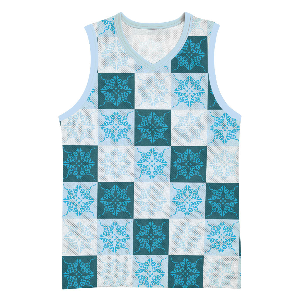 Cyan Manta Ray Hawaiian Quilt Motif Basketball Jersey LT05 Unisex Blue - Polynesian Pride