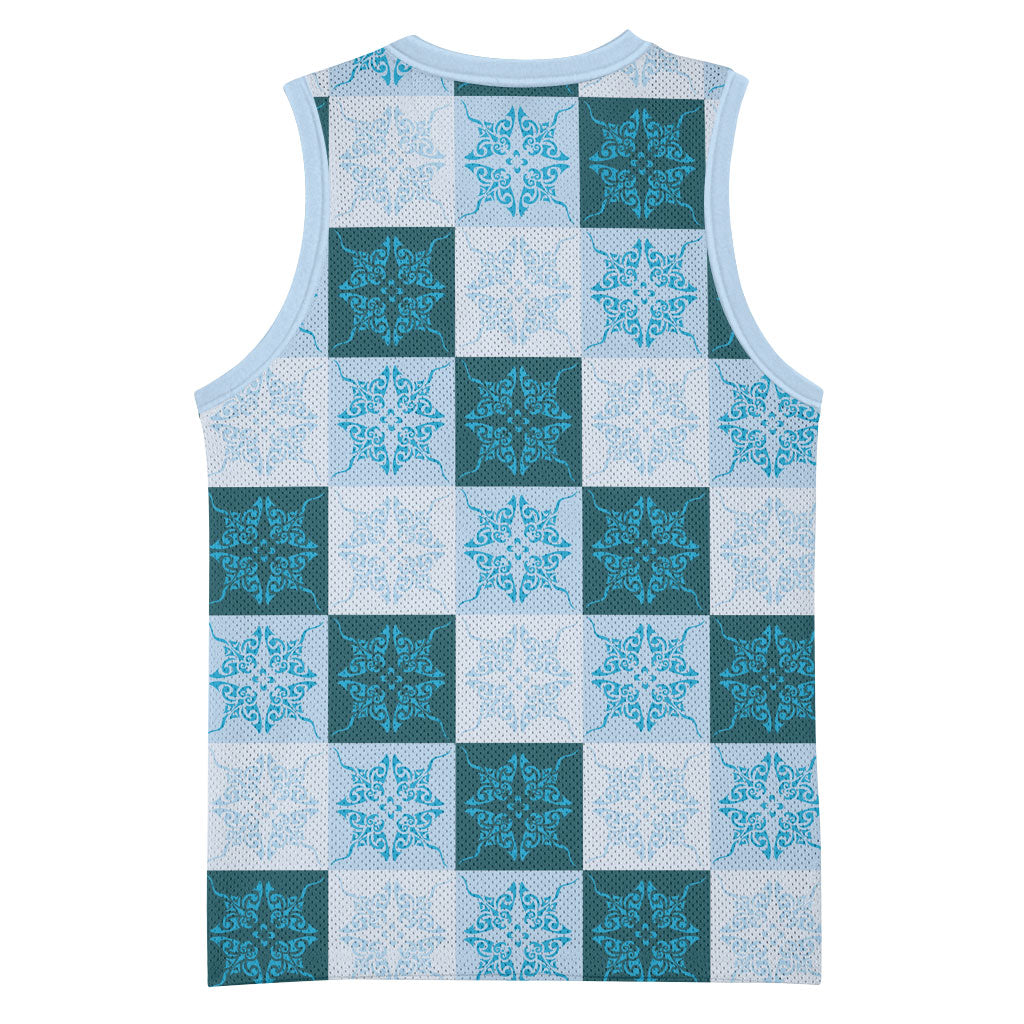 Cyan Manta Ray Hawaiian Quilt Motif Basketball Jersey LT05 - Polynesian Pride