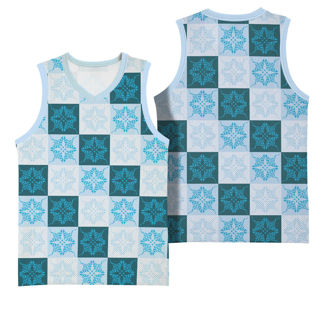 Cyan Manta Ray Hawaiian Quilt Motif Basketball Jersey LT05 - Polynesian Pride