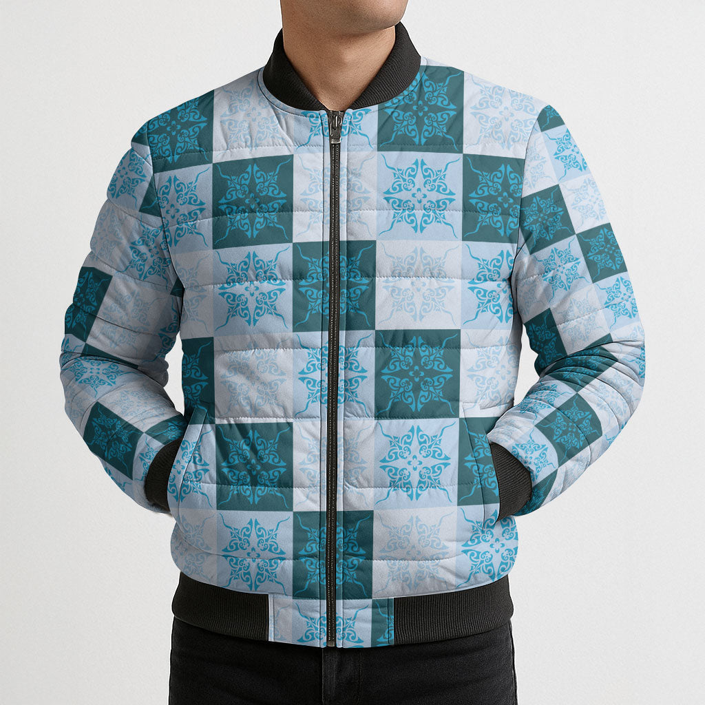 Cyan Manta Ray Hawaiian Quilt Motif Bomber Puffer Jacket LT05 - Polynesian Pride
