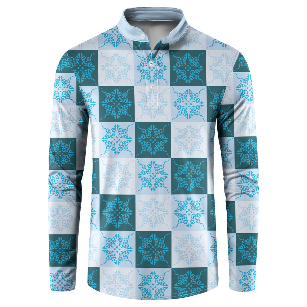 Cyan Manta Ray Hawaiian Quilt Motif Button Sweatshirt LT05 Blue - Polynesian Pride