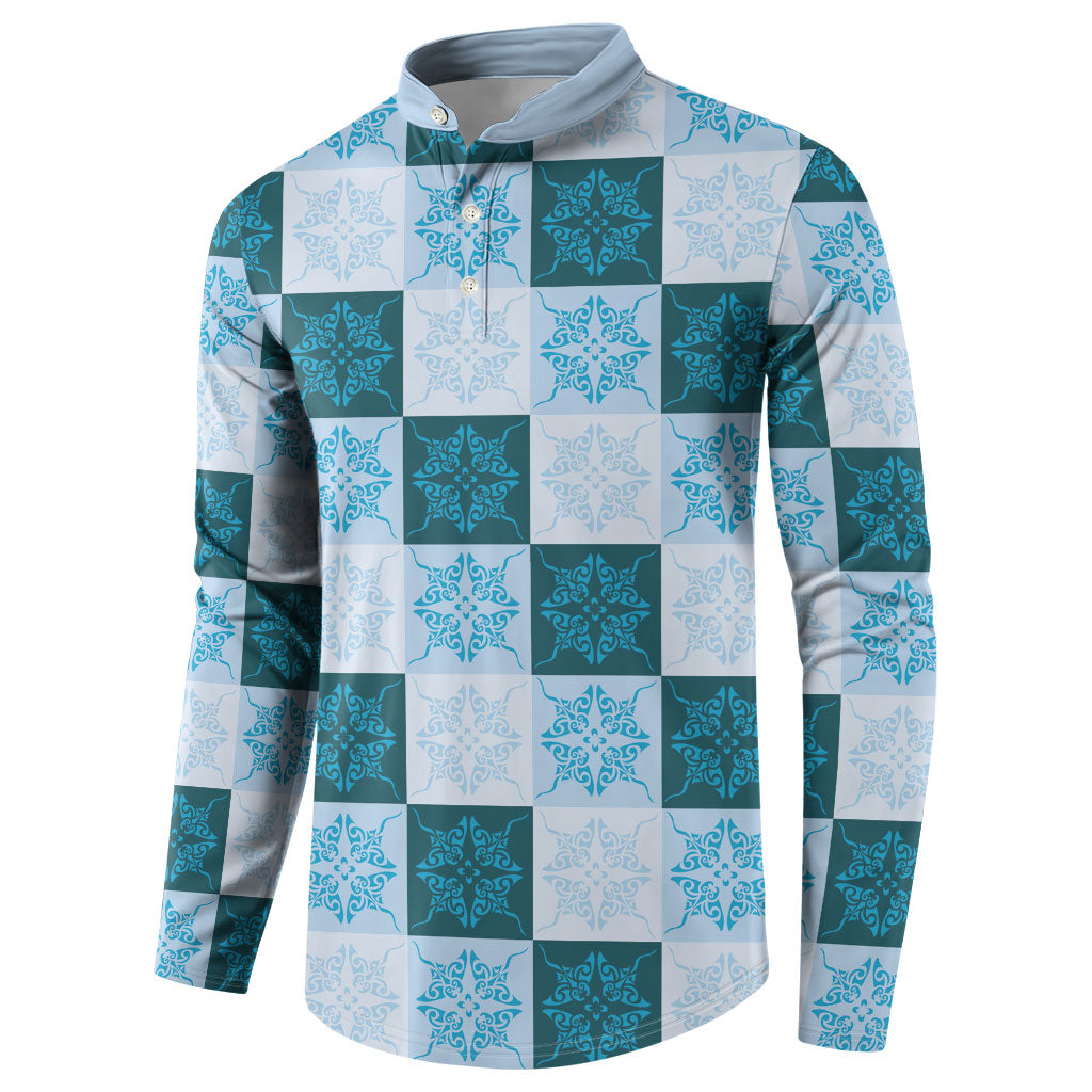 Cyan Manta Ray Hawaiian Quilt Motif Button Sweatshirt LT05 - Polynesian Pride