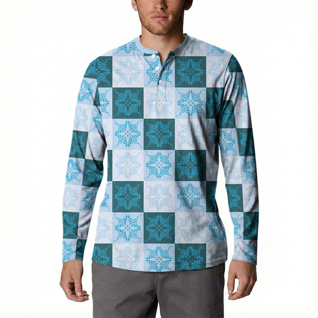 Cyan Manta Ray Hawaiian Quilt Motif Button Sweatshirt LT05 - Polynesian Pride