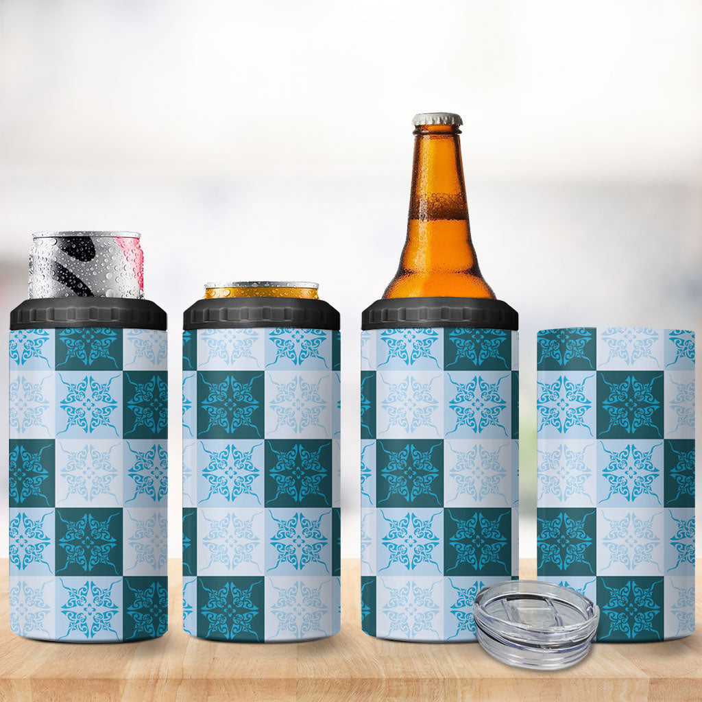 Cyan Manta Ray Hawaiian Quilt Motif 4 in 1 Can Cooler Tumbler LT05 - Polynesian Pride