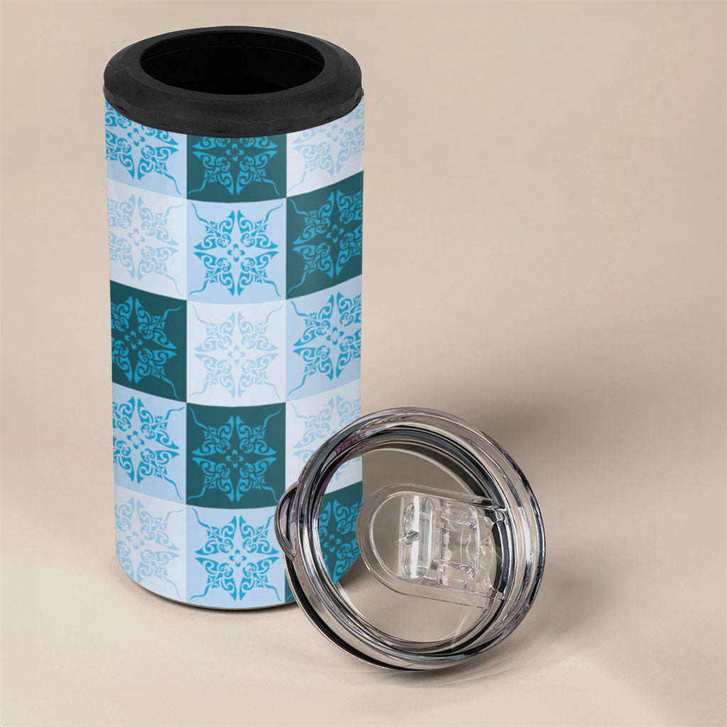 Cyan Manta Ray Hawaiian Quilt Motif 4 in 1 Can Cooler Tumbler LT05 - Polynesian Pride