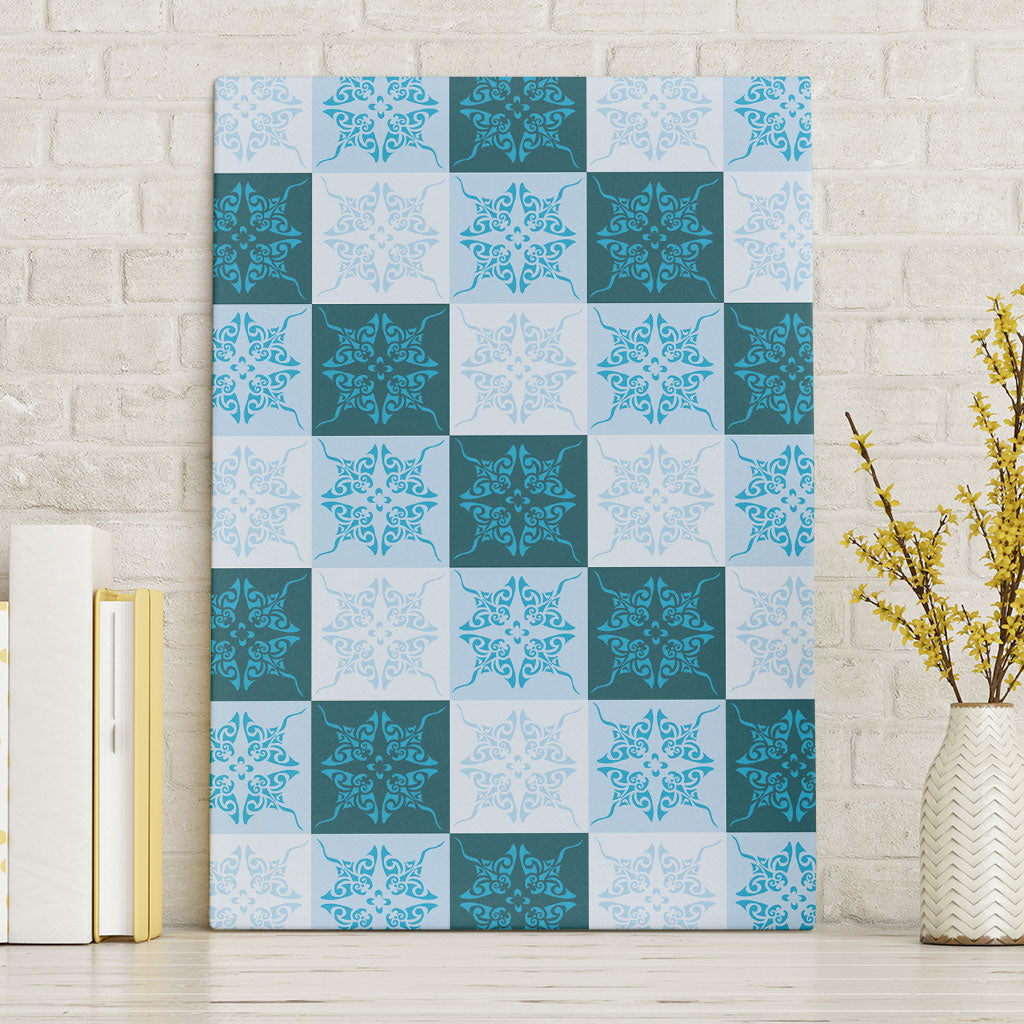 Cyan Manta Ray Hawaiian Quilt Motif Canvas Wall Art LT05 Without Frame Blue - Polynesian Pride