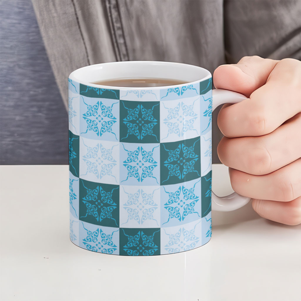 Cyan Manta Ray Hawaiian Quilt Motif Ceramic Mug LT05 - Polynesian Pride