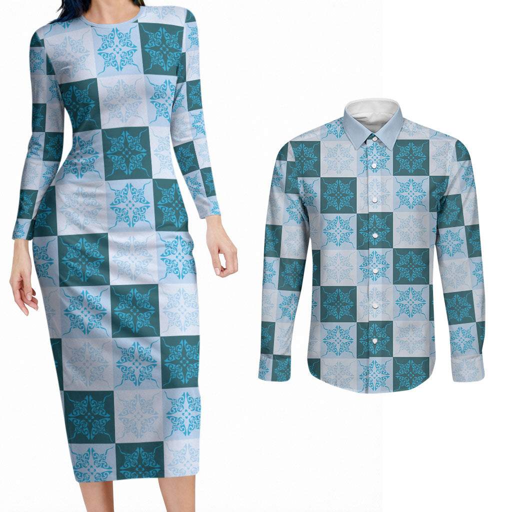 Cyan Manta Ray Hawaiian Quilt Motif Couples Matching Long Sleeve Bodycon Dress and Long Sleeve Button Shirt LT05 Blue - Polynesian Pride