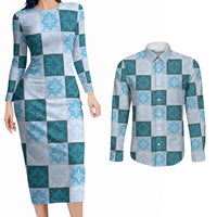 Cyan Manta Ray Hawaiian Quilt Motif Couples Matching Long Sleeve Bodycon Dress and Long Sleeve Button Shirt LT05 Blue - Polynesian Pride