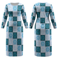 Cyan Manta Ray Hawaiian Quilt Motif Couples Matching Long Sleeve Bodycon Dress and Long Sleeve Button Shirt LT05 - Polynesian Pride
