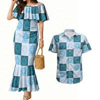 Cyan Manta Ray Hawaiian Quilt Motif Couples Matching Mermaid Dress and Hawaiian Shirt LT05 Blue - Polynesian Pride