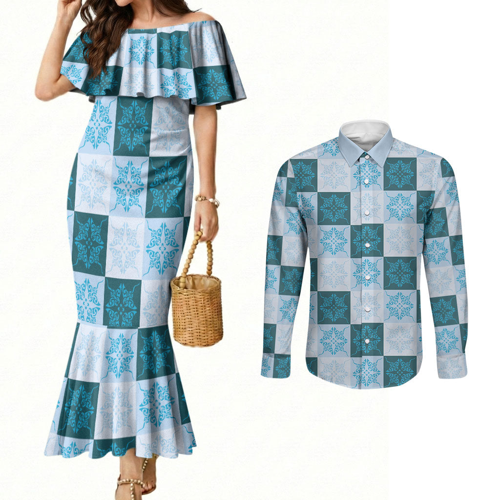 Cyan Manta Ray Hawaiian Quilt Motif Couples Matching Mermaid Dress and Long Sleeve Button Shirt LT05 Blue - Polynesian Pride