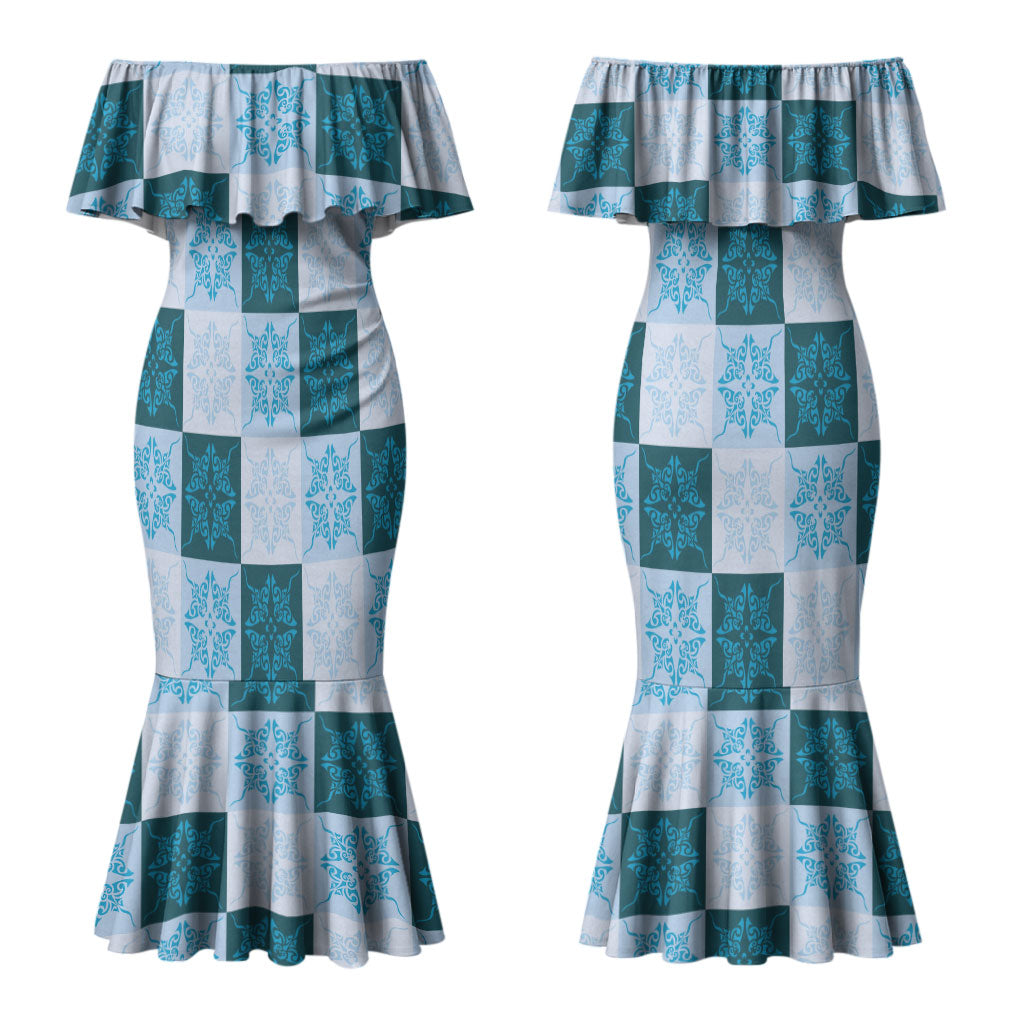 Cyan Manta Ray Hawaiian Quilt Motif Couples Matching Mermaid Dress and Long Sleeve Button Shirt LT05 - Polynesian Pride