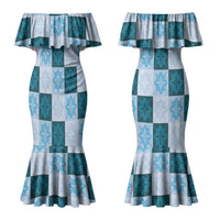 Cyan Manta Ray Hawaiian Quilt Motif Couples Matching Mermaid Dress and Long Sleeve Button Shirt LT05 - Polynesian Pride