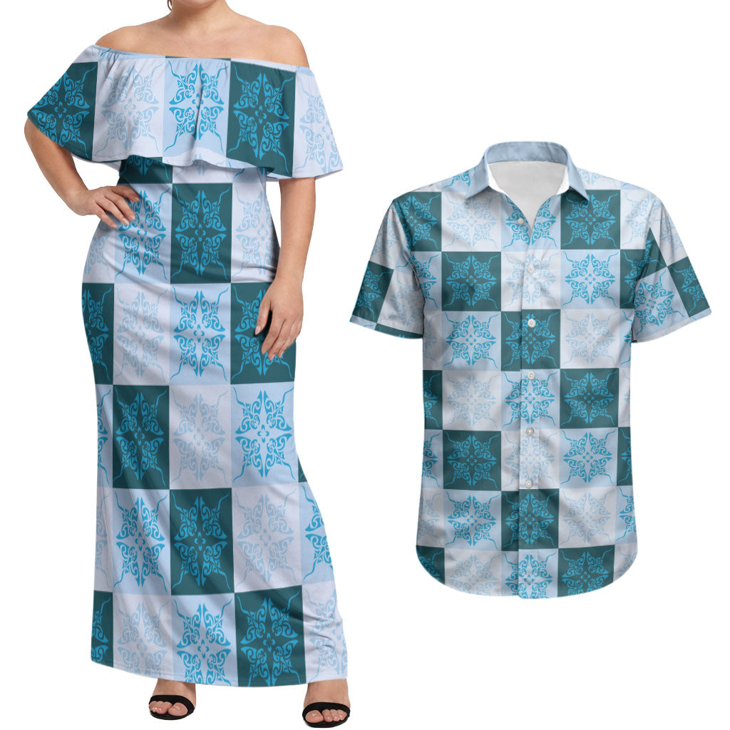Cyan Manta Ray Hawaiian Quilt Motif Couples Matching Off Shoulder Maxi Dress and Hawaiian Shirt LT05 Blue - Polynesian Pride