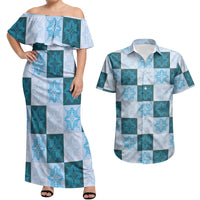 Cyan Manta Ray Hawaiian Quilt Motif Couples Matching Off Shoulder Maxi Dress and Hawaiian Shirt LT05 Blue - Polynesian Pride