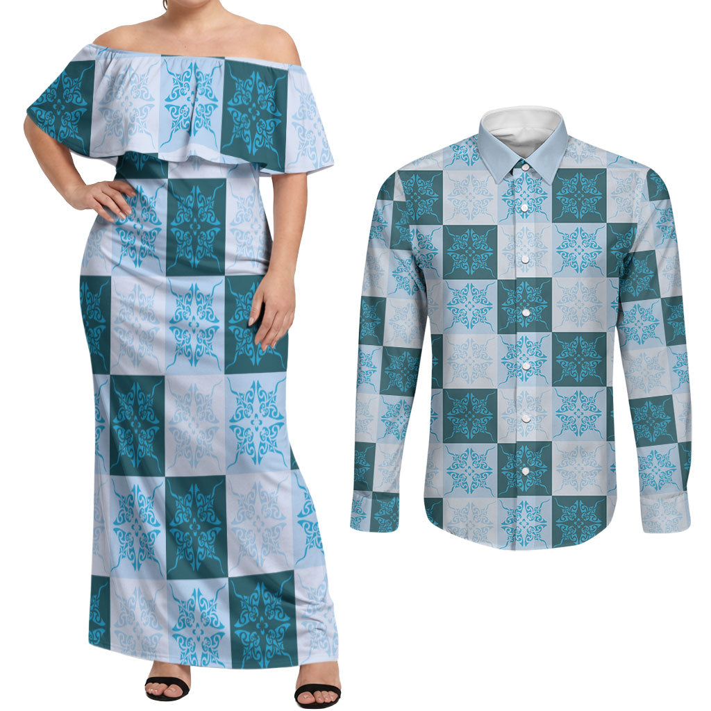 Cyan Manta Ray Hawaiian Quilt Motif Couples Matching Off Shoulder Maxi Dress and Long Sleeve Button Shirt LT05 Blue - Polynesian Pride