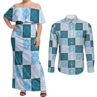 Cyan Manta Ray Hawaiian Quilt Motif Couples Matching Off Shoulder Maxi Dress and Long Sleeve Button Shirt LT05 Blue - Polynesian Pride