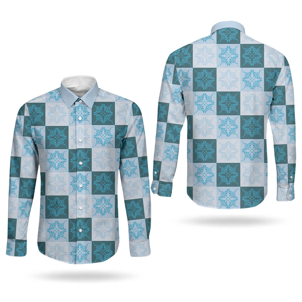 Cyan Manta Ray Hawaiian Quilt Motif Couples Matching Off Shoulder Maxi Dress and Long Sleeve Button Shirt LT05 - Polynesian Pride
