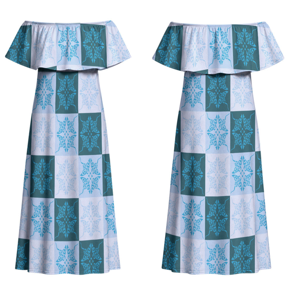 Cyan Manta Ray Hawaiian Quilt Motif Couples Matching Off Shoulder Maxi Dress and Long Sleeve Button Shirt LT05 - Polynesian Pride