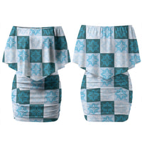 Cyan Manta Ray Hawaiian Quilt Motif Couples Matching Off Shoulder Short Dress and Hawaiian Shirt LT05 - Polynesian Pride