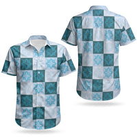 Cyan Manta Ray Hawaiian Quilt Motif Couples Matching Off Shoulder Short Dress and Hawaiian Shirt LT05 - Polynesian Pride