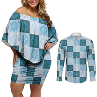 Cyan Manta Ray Hawaiian Quilt Motif Couples Matching Off Shoulder Short Dress and Long Sleeve Button Shirt LT05 Blue - Polynesian Pride