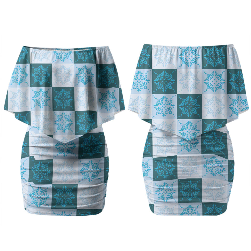 Cyan Manta Ray Hawaiian Quilt Motif Couples Matching Off Shoulder Short Dress and Long Sleeve Button Shirt LT05 - Polynesian Pride