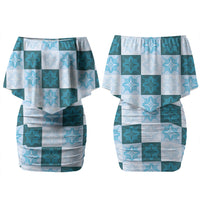Cyan Manta Ray Hawaiian Quilt Motif Couples Matching Off Shoulder Short Dress and Long Sleeve Button Shirt LT05 - Polynesian Pride