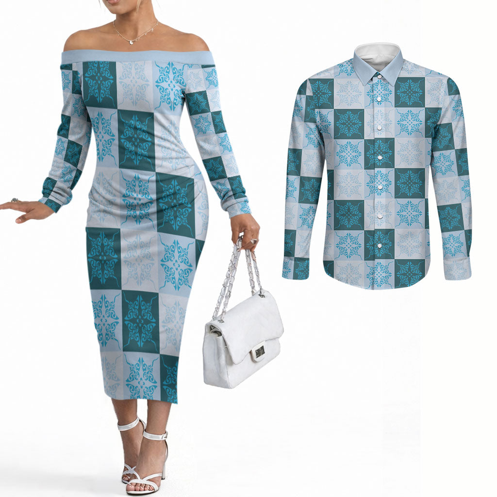 Cyan Manta Ray Hawaiian Quilt Motif Couples Matching Off The Shoulder Long Sleeve Dress and Long Sleeve Button Shirt LT05 Blue - Polynesian Pride