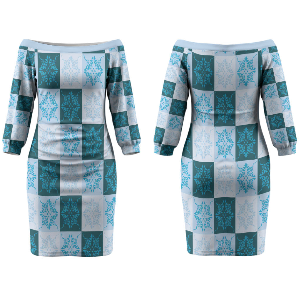 Cyan Manta Ray Hawaiian Quilt Motif Couples Matching Off The Shoulder Long Sleeve Dress and Long Sleeve Button Shirt LT05 - Polynesian Pride