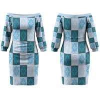 Cyan Manta Ray Hawaiian Quilt Motif Couples Matching Off The Shoulder Long Sleeve Dress and Long Sleeve Button Shirt LT05 - Polynesian Pride