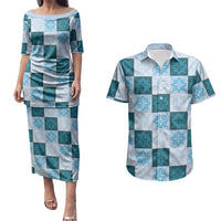 Cyan Manta Ray Hawaiian Quilt Motif Couples Matching Puletasi and Hawaiian Shirt LT05 Blue - Polynesian Pride